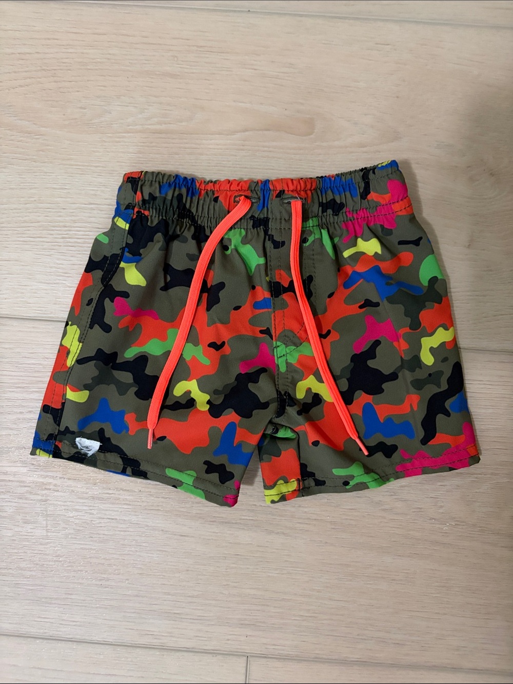 Kids Neon Camo Swim Trunks with Orange Drawstring